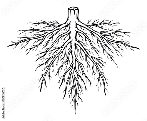 Extensive tree root system branching out from a strong base, symbolizing natural growth, stability, and interconnectedness, valuable for educational content, ecological projects, and