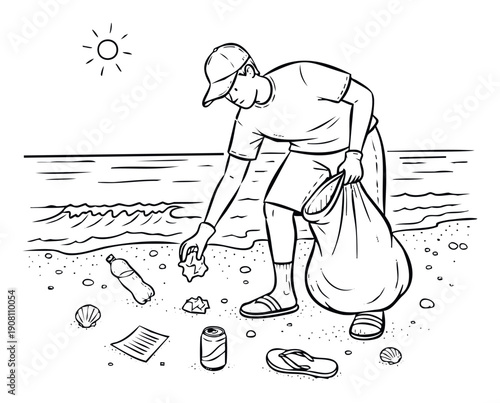 Male volunteer gathers discarded waste and litter from a sandy ocean shore, placing it into a large bag, symbolizing environmental protection and responsibility for beach conservation