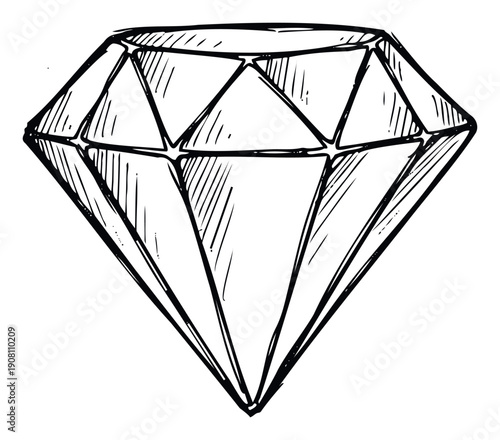 Hand drawn rough black and white outline of a faceted diamond gem, suitable for luxurious branding, celebratory visuals, or valuable symbolic graphics.