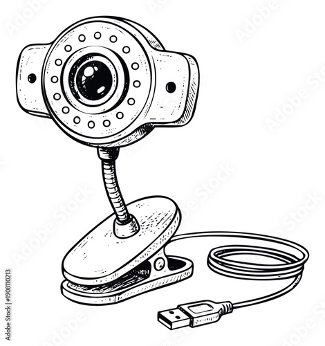 This detailed monochrome sketch of a computer webcam with a flexible stand and USB plug is perfect for technologyrelated presentations, educational materials, or vintage electronics