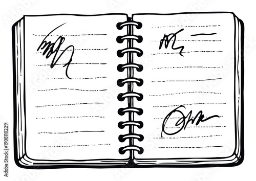 Hand drawn open spiral notebook with scribbled signatures on dotted ruled pages useful for business agreement, contract signing, or personal note taking graphic resource