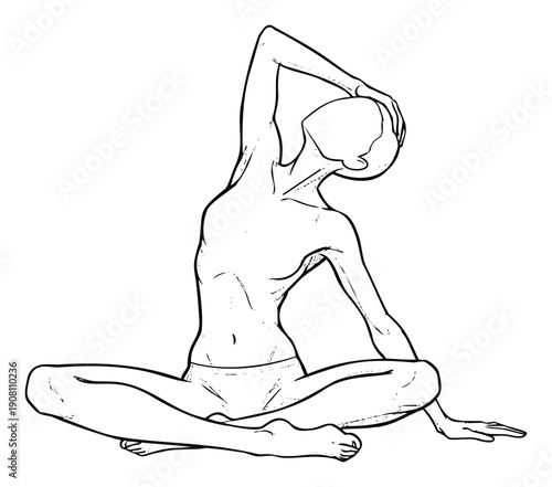 A person performs a focused neck stretch while seated on the floor in a comfortable yoga pose, ideal for illustrating wellness guides, fitness routines, and mindful exercise content.