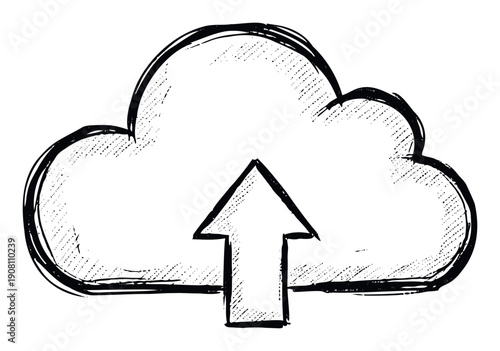 Hand drawn cloud icon depicting data upload, storage, and synchronization for various online technology applications, software interfaces, and web services