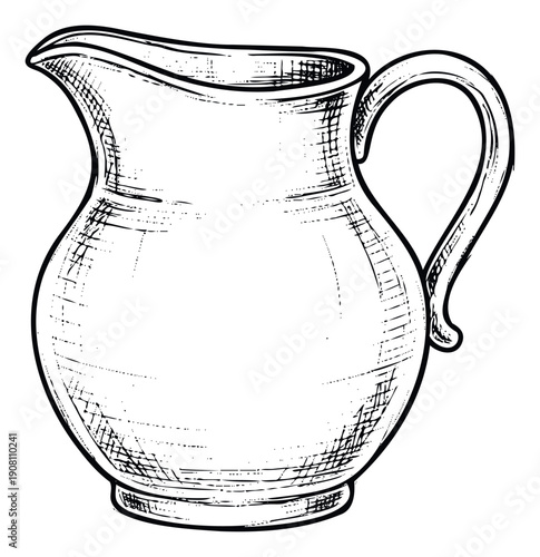 Detailed black and white sketch of a classic kitchen pitcher with a handle and spout, ideal for culinary publications, rustic decor themes, or beverage packaging graphics.