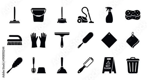 Comprehensive collection of essential household cleaning tools and sanitation supplies perfect for home maintenance or professional commercial service advertisements