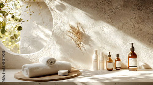 Luxurious spa interior featuring elegant skincare products, soft towels, and natural light creating serene atmosphere for relaxation