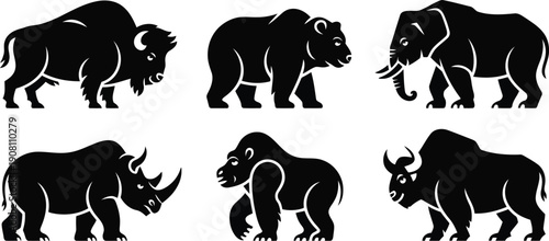Group of robust wild animal silhouettes in black, showcasing a bison, bear, elephant, rhinoceros, and gorilla