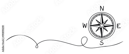 Hand drawn compass rose with cardinal directions and a continuous swirling line representing a path or journey, ideal for travel blogs, navigation apps, or adventure themed marketing