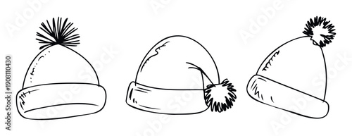 A collection of handdrawn winter hats with fluffy pompoms perfect for cozy season advertisements and holiday themed promotional materials