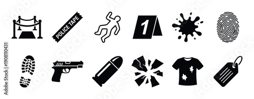 Essential visual assets depicting crime scene investigation elements such as forensic evidence, police barriers, and weapons, ideal for educational resources, legal graphics, and