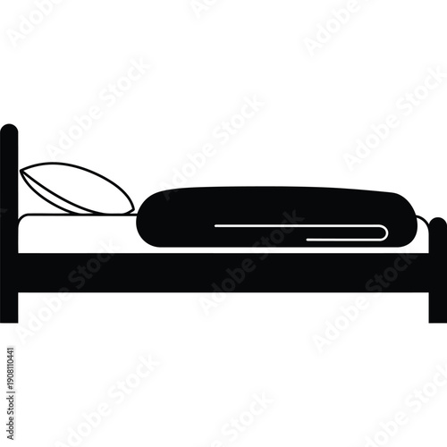 Simple Bed Icon: Minimalist Black and White Bed with Pillow and Blanket for Design