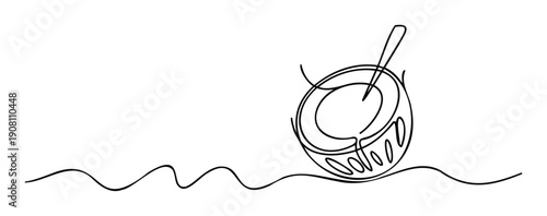 Continuous line drawing of a tropical coconut bowl with a spoon resting on a wavy line, perfect for healthy food branding or summer vacation promotions