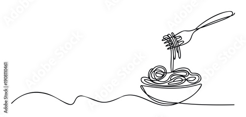 A sleek continuous line drawing capturing a delicious bowl of spaghetti being twirled by a fork, perfect for culinary blogs, restaurant menus, or any food promotions and branding materials.