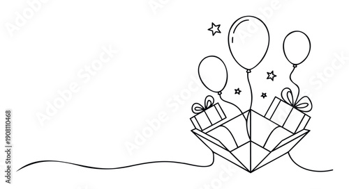 A charming black outline drawing features an open gift box filled with wrapped presents and an assortment of buoyant balloons along with decorative stars, ideal for conveying festive