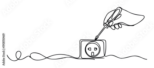 Hand using a screwdriver to connect an electrical power outlet socket, symbolizing home electricity work, repair, or maintenance services for industrial or educational materials.