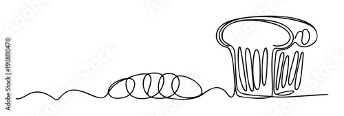 Minimalist single line drawing depicting a stylized loaf of sliced bread with abstract coiled elements perfect for bakery branding culinary blogs or modern kitchen decor