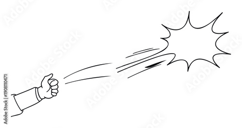 Hand making a quick flick gesture with an object flying rapidly towards an energetic starburst explosion, ideal for conveying swift action or impactful force in animations and print media.