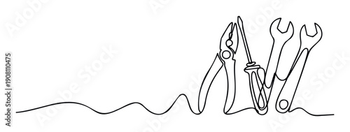 A minimalist continuous line drawing featuring essential hand tools like pliers, a screwdriver, and wrenches, perfect for engineering and repair service promotions