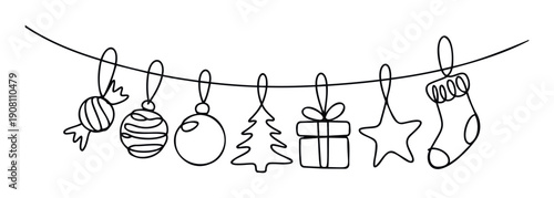 Minimalist continuous line drawing of Christmas holiday decorations featuring candy, baubles, a tree, gift box, star, and stocking garland, ideal for festive seasonal greeting designs and