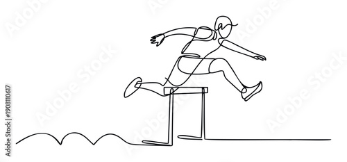 Energetic one line drawing of a hurdler in motion, depicting an athlete gracefully jumping over an obstacle during a race, ideal for conveying determination and achievement in sports