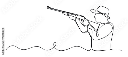 Dynamic continuous line drawing depicting a focused hunter aiming a rifle, perfect for sporting event promotions, outdoor activity advertisements, or educational material related to