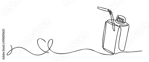 Minimalist continuous line drawing of a beverage carton with a straw and a small heart, perfect for healthy lifestyle campaigns, organic food packaging, or simple branding materials.