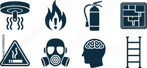 Important emergency preparedness and safety icons featuring fire sprinkler, gas mask, and evacuation plan