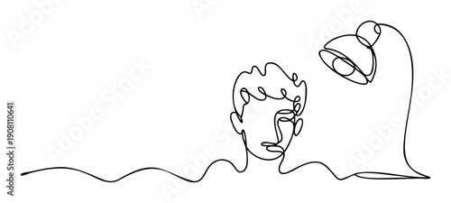 Continuous line drawing of a human face and a desk lamp representing connection and thinking process, ideal for educational or conceptual graphic projects