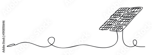 Continuous line drawing of a solar panel generating clean energy, symbolizing renewable power and electrical connections for sustainable living and ecofriendly solutions.