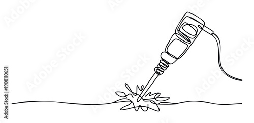 Dynamic continuous line drawing of a jackhammer making an impact on the ground, suitable for conveying concepts related to construction, progress, or breaking new barriers in various