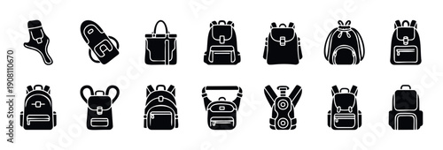 Collection of modern backpack and bag icons in diverse styles perfect for digital applications, web interfaces, mobile apps, and graphic design projects related to travel, school, or