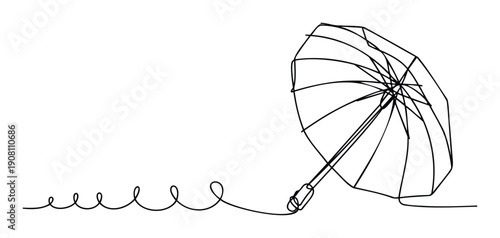 Simple continuous line drawing depicting an open umbrella connected by a long curly wavy line, suitable for weather concepts, branding, or educational materials.
