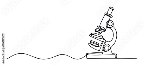 Minimalist continuous line drawing of a scientific microscope ideal for representing medical research, laboratory studies, educational technology, and scientific discovery applications.