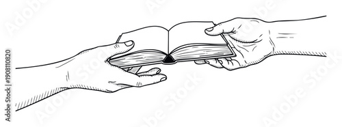 Two human hands holding and passing an open book, symbolizing the transfer of knowledge, storytelling, or shared learning, ideal for educational campaigns and literary promotions