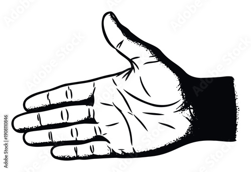 Stylized graphic drawing depicting a human hand extending in a welcoming gesture for a handshake, ideal for conveying trust and collaboration in corporate communications and social media.