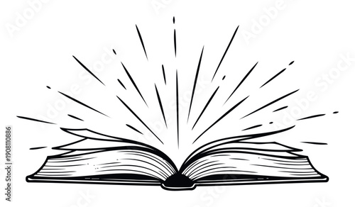 An open book with pages fanned out and light rays bursting upwards symbolizes knowledge, education, and inspiration, suitable for academic materials, publishing promotions, or learning
