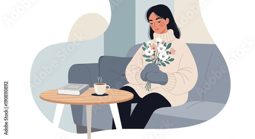 Woman with Flowers on Sofa, Cozy Winter Scene, Minimalist Illustration