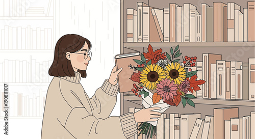 Woman with Glasses Holding Book and Autumn Bouquet Near Bookshelf