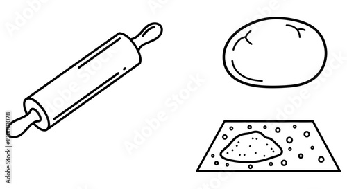 A kitchen scene with a rolling pin, dough ball, and pizza on a baking sheet, illustrated in simple black lines from a top view Whisk_95f5d6113682898a50444a87f664c2a4dr.svg reference