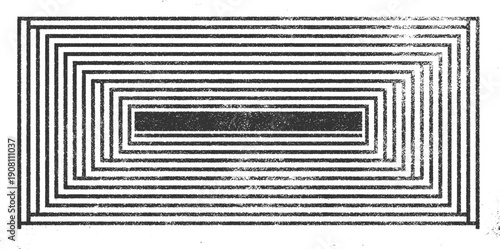 Black and white concentric rectangular pattern with textured lines and a central dark rectangle abstract