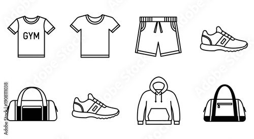 Collection of gym clothing and accessories arranged neatly in a grid layout on a plain surface.