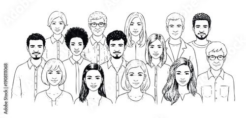 A diverse and inclusive group of smiling Black and Asian men and women standing together in a professional lineup representing teamwork, community, and collaboration for corporate