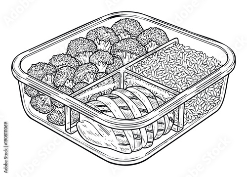 Meal prep container filled with healthy food including sliced grilled chicken breast, fresh broccoli florets, and white rice, perfect for diet planning, balanced nutrition, and fitness meal