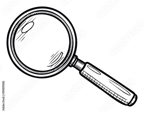 Classic black and white line drawing of a magnifying glass tool representing scientific research, detailed examination, and finding information for various projects