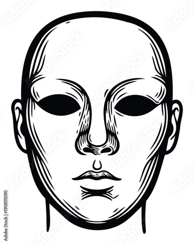 Intriguing graphic illustration of a stylized human head featuring dark vacant eyes and a simplified face, ideal for symbolic interpretations or identity related topics