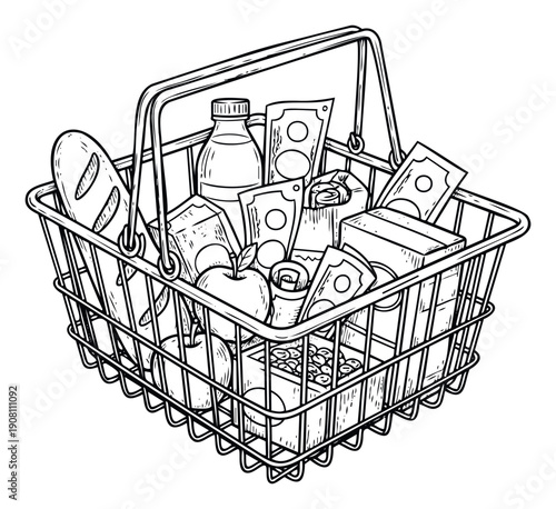 Metal shopping basket brimming with essential groceries like fresh produce, bread, bottled drinks, packaged items, and banknotes, representing consumer spending and household budgets.