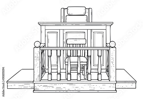 Detailed black and white line drawing of a traditional wooden judges bench with chairs, perfect for legal, educational, or historical themed projects and publications.