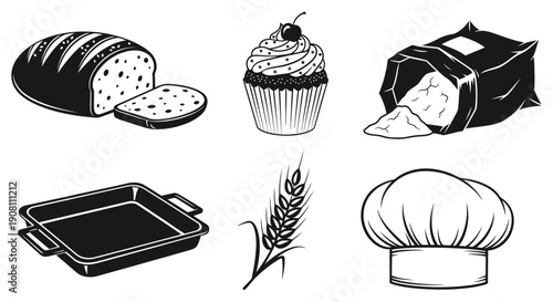 Baking ingredients and tools arranged neatly including bread, cupcake, flour, baking tray, wheat, and chef's hat in a simple illustration