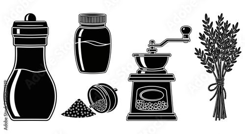 A collection of kitchen essentials for spice preparation, including a grinder, shaker, and fresh herbs, perfect for culinary enthusiasts and home cooks