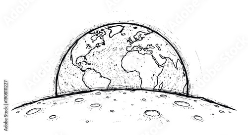 Monochrome depiction of planet Earth majestically rising above the cratered lunar surface, evoking themes of space travel and cosmic discovery, ideal for science education and astronomy